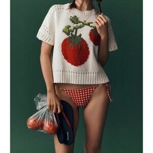 Maeve Short-Sleeve Crew-Neck Veggie Motif Graphic Sweater Tomato XL